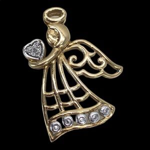 Sterling Silver 925 Gold Vermeil Angel with Tiny Diamond Pendant.
